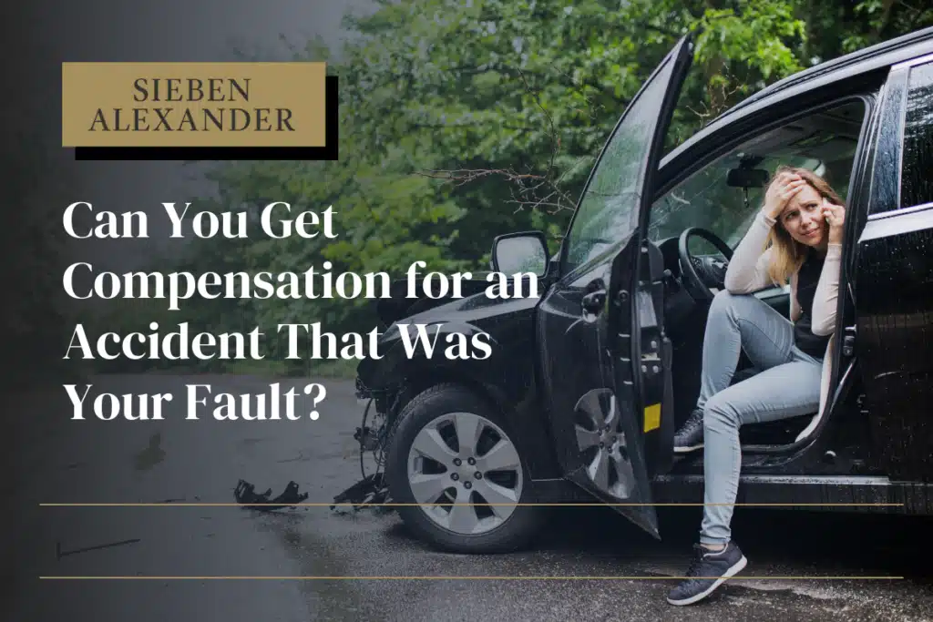 A woman on a cell phone after an accident with the text "Can you get compensation for an accident that was your fault?"