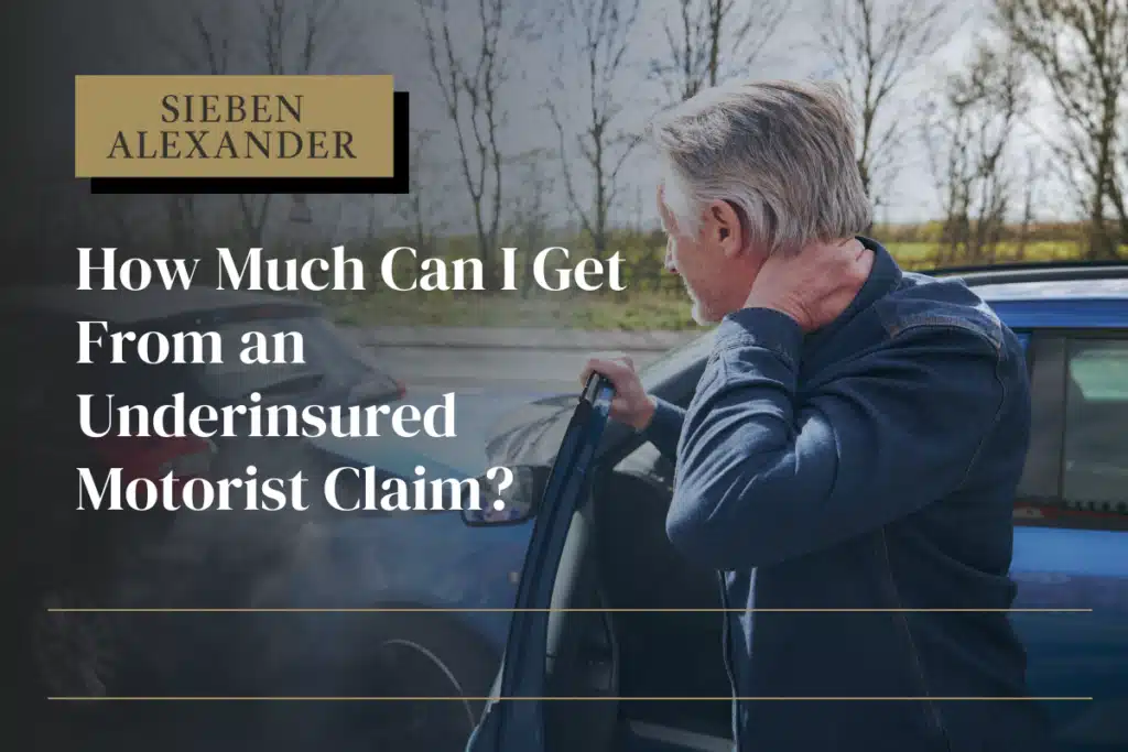 A man holding his neck and exiting a car door after an accident with the text "How much can I get from an uninsured motorist claim?"