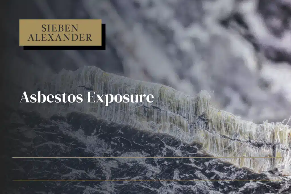A close up of asbestos fibers and text that displays "Asbestos Exposure"