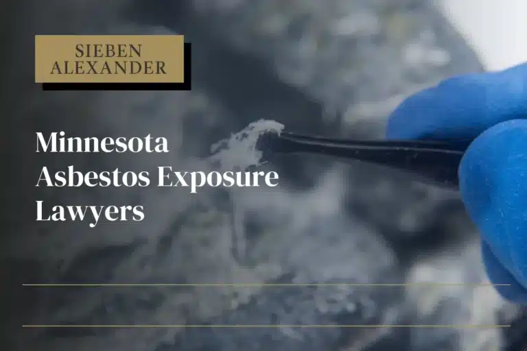 Close up image of a hand holding a pair of tweezers with asbestos fibers in them. Text on the image is "Minnesota Asbestos Exposure Lawyers"