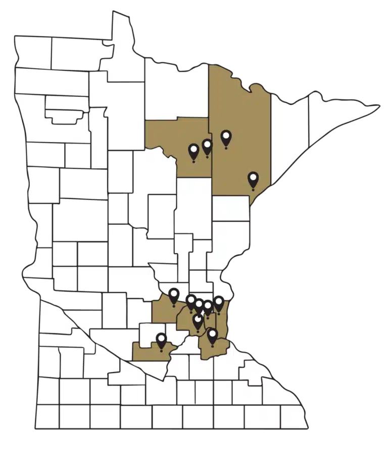 The state of Minnesota broken down by counties and the known asbestos exposure sites