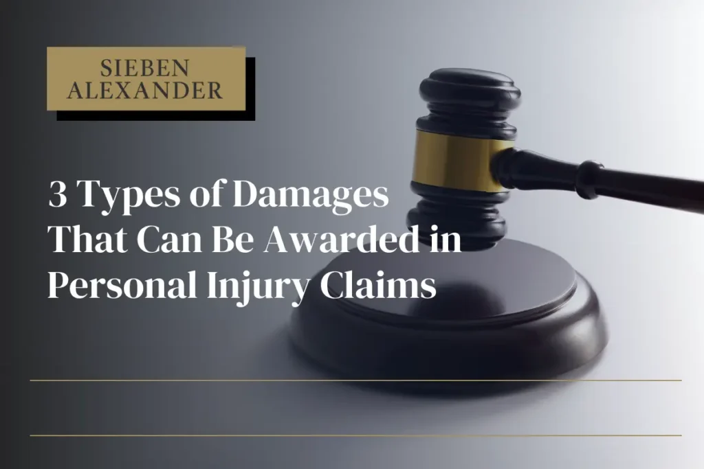 A judge gavel resting on a desk with the test "3 Types of Damages That Can Be Awarded in Personal Injury Claims"