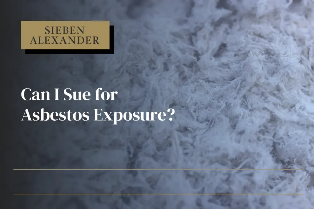 Close up of asbestos fibers with the text "Can I sure for Asbestos Exposure?"