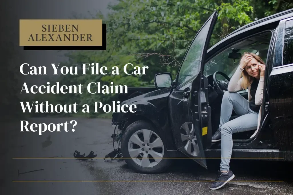A woman on the phone after a car crash with the text "Can you file a car accident claim without a police report?"