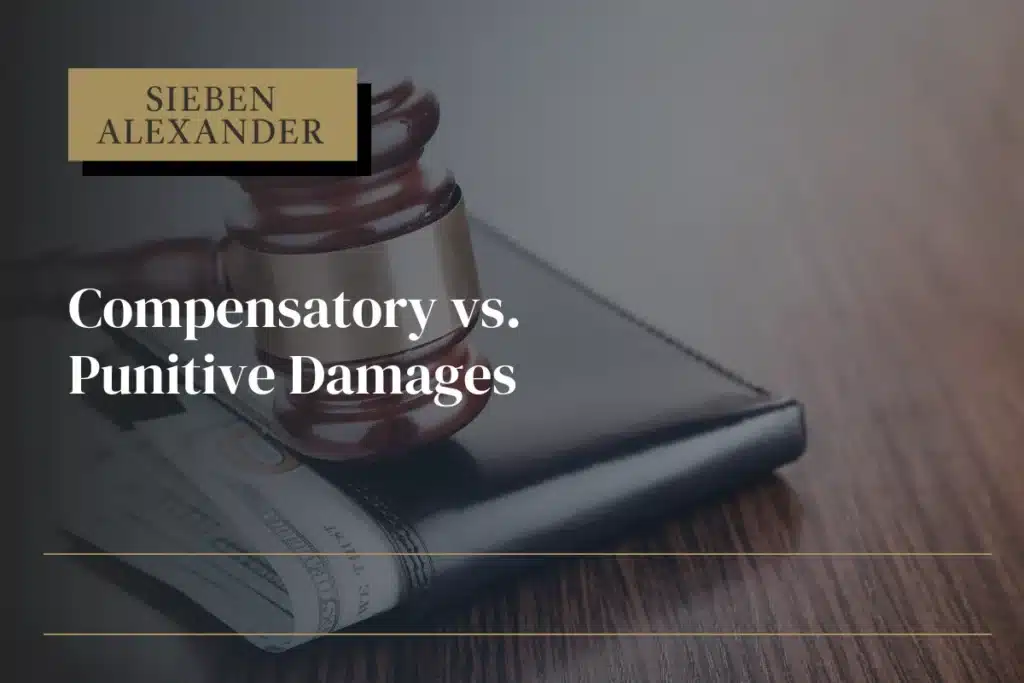 Close up of a judges gavel with the text "Compensatory vs. Punitive damages"