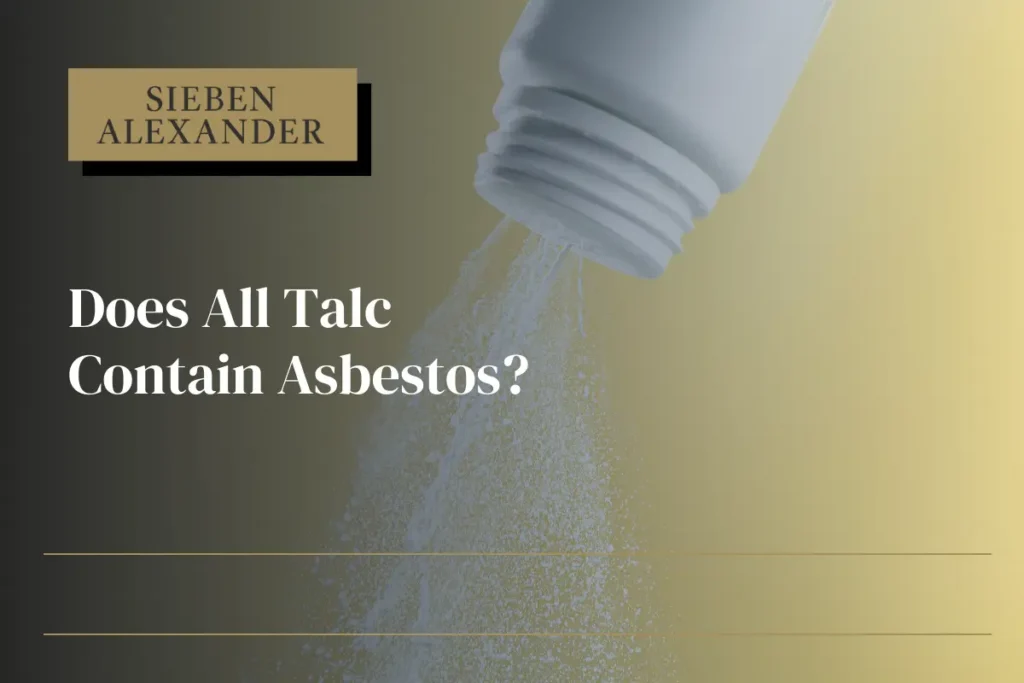 Talcum powder, such as baby powder, pouring down with the text "Does all talc contain asbestos?"