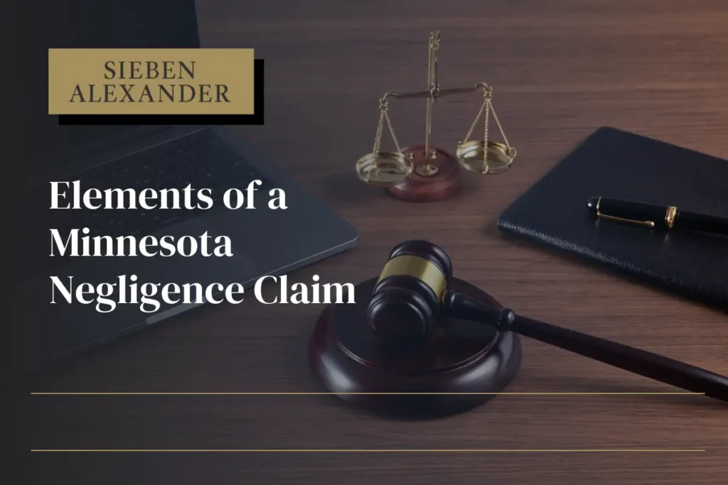 An image of a laptop, a scale, and a judge gavel with the text "Elements of a Minnesota Negligence Claim"