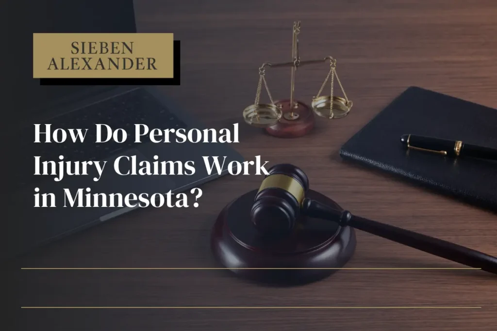 Close up of a judges desk with a computer, scale, and gavel with the text "How do personal injury claims work in Minnesota?"