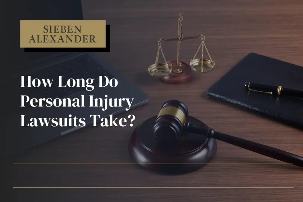 A desk with a laptop, judge's gavel, and a scale with the text "How long to personal injury lawsuits take?"