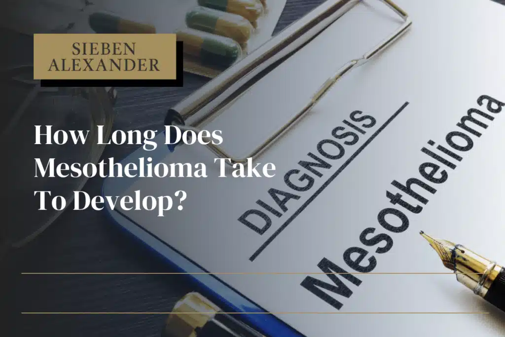 A clip board showing a mesothelioma diagnosis with the text "How long does mesothelioma take to develop?"
