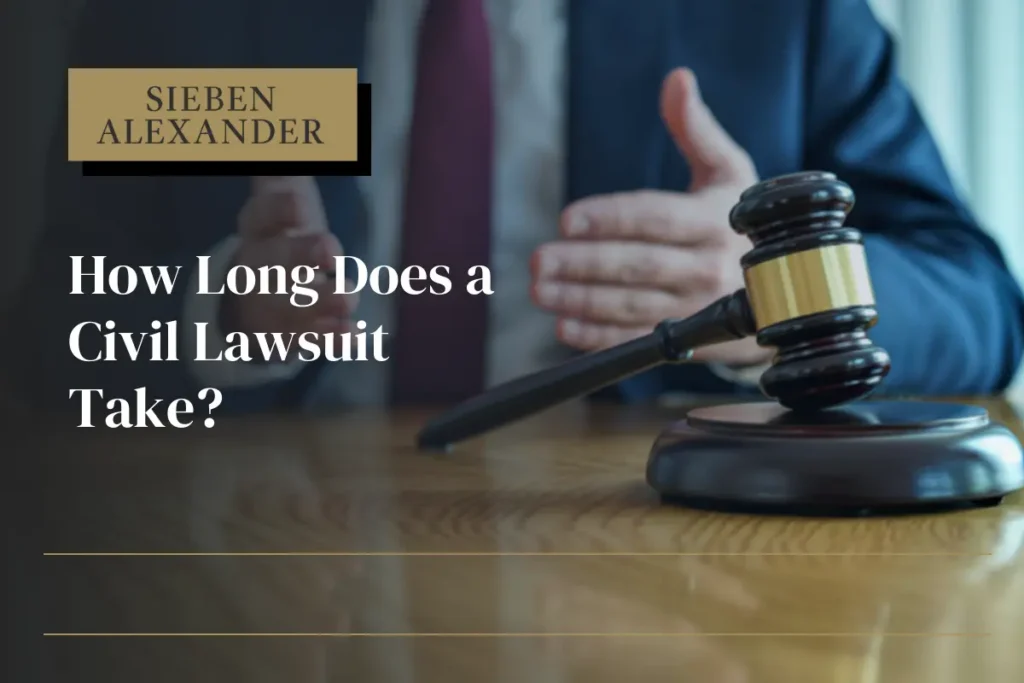 A close up of a judges gavel with a lawyer in the background and text that states "How long does a civil lawsuit take?"