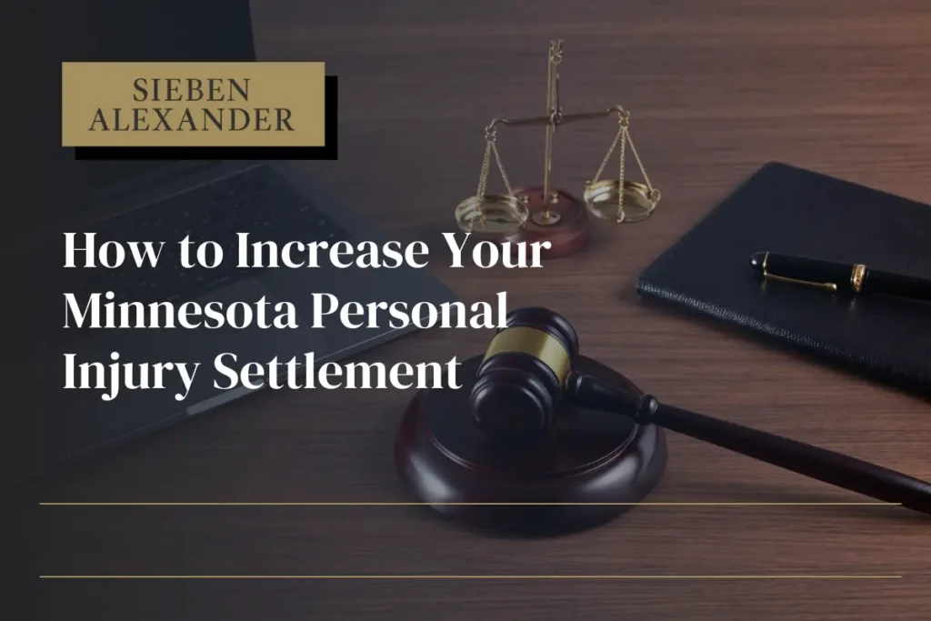 A laptop, gavel, and scale with the text "How to Increase Your Minnesota Personal Injury Settlement"