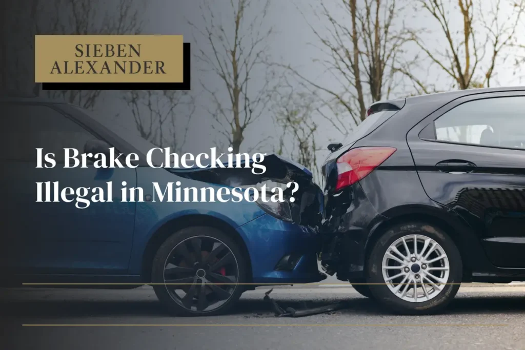A rear end auto accident with the text "Is brake checking illegal in Minnesota?"