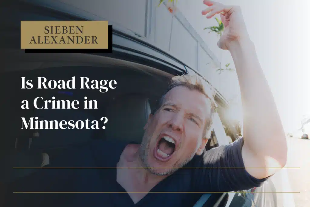An angry driver shaking his fist out his car window with the text "Is road rage a crime in Minnesota?"