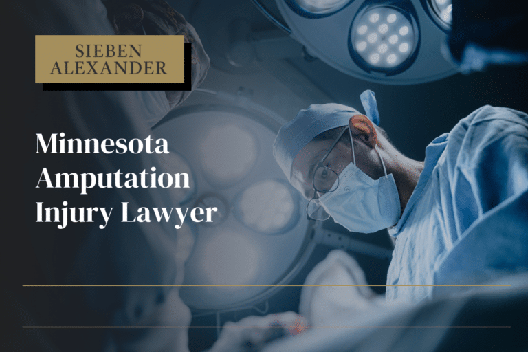 A surgeon in a room in the middle of a procedure with the text "Minnesota Amputation Injury Lawyer."