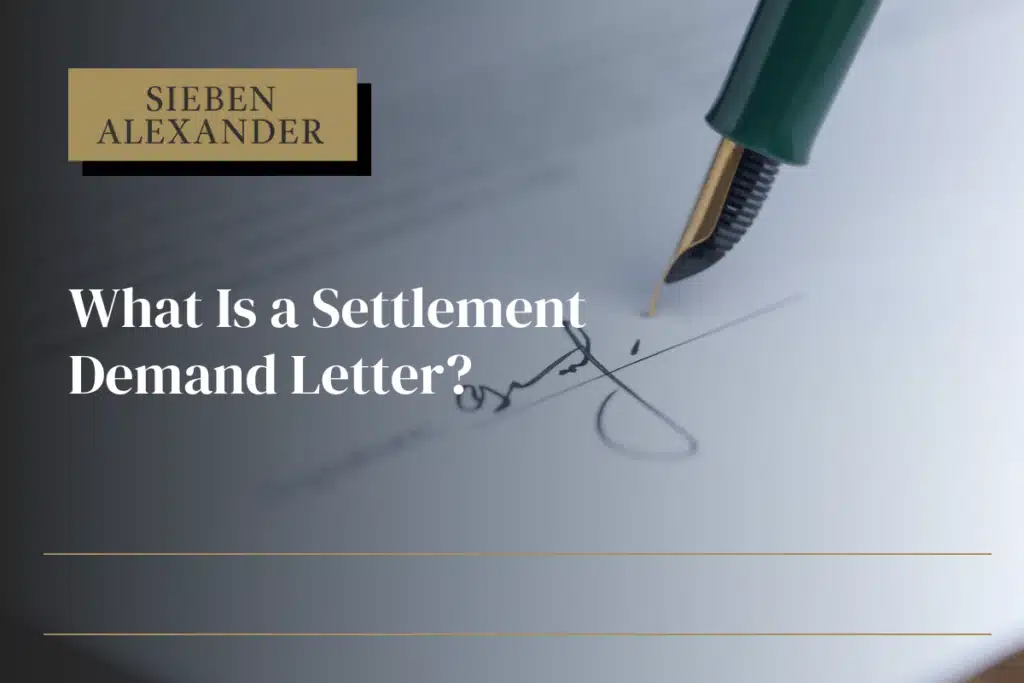 Close up of a pen writing with the text "What is a settlement demand letter?"