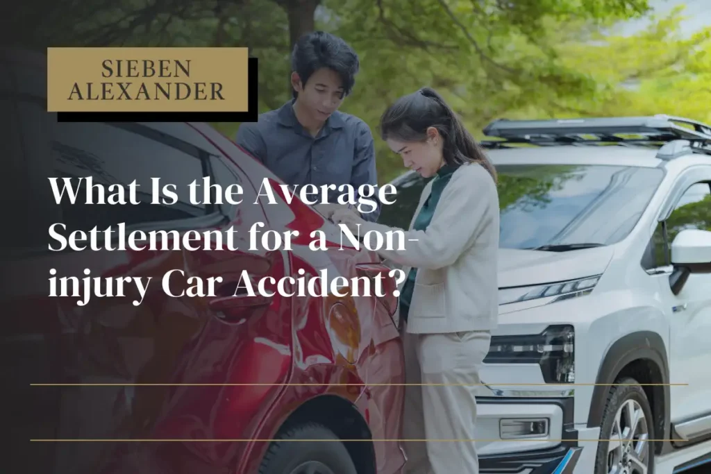 Two people exchanging information after a car accident with the text "What is the average settlement for a non injury car accident?"