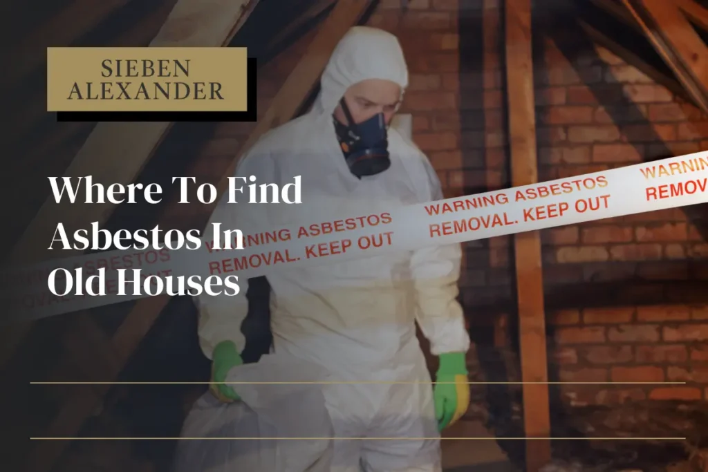 A man in a hazard suit in an attic with warning asbestos tape in front of him. The text says "Where to find asbestos in old homes?"