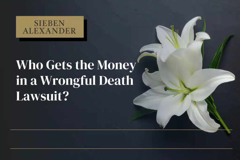 An image of a white flower on a black background with the text "Who gets the money in a wrongful death lawsuit?"