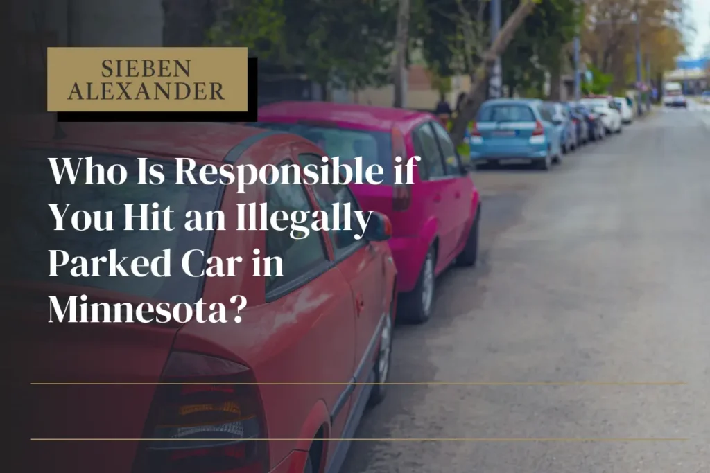 Cars parked on the side of a road with the text "Who is responsible if you hit an illegally parked car in Minnesota?"