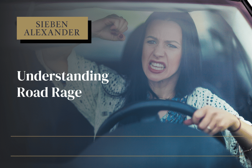 An angry woman raising her fist in the air as she drives with the text "Understanding Road Rage"