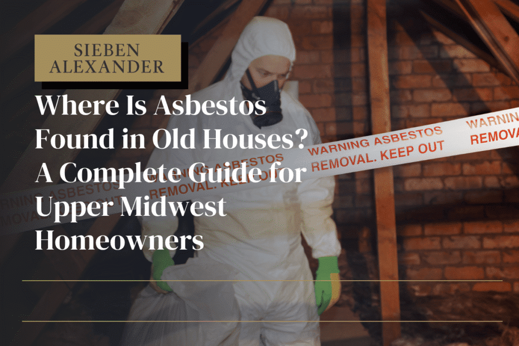 A man in a hazmat suit with caution tape stating there is asbestos. The text "Where Is Asbestos Found in Old Houses? A Complete Guide for Upper Midwest Homeowners" is over the image.
