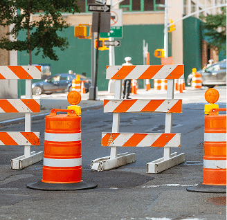 A road blocked by signage