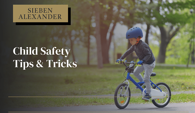A little child riding a bicycle with text "child safety tips & tricks"