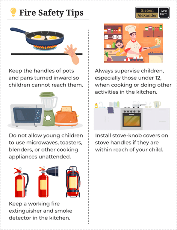 Child fir safety tips such as keeping their hands off hot pots and pans and not allowing young children to use kitchen appliances