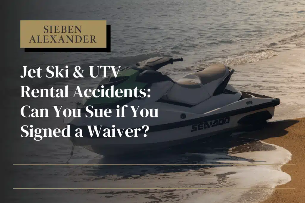 A jet ski on the side of the beach at dusk with the test "Jet ski & UTV Accidents: can you sue if you signed a waiver?"