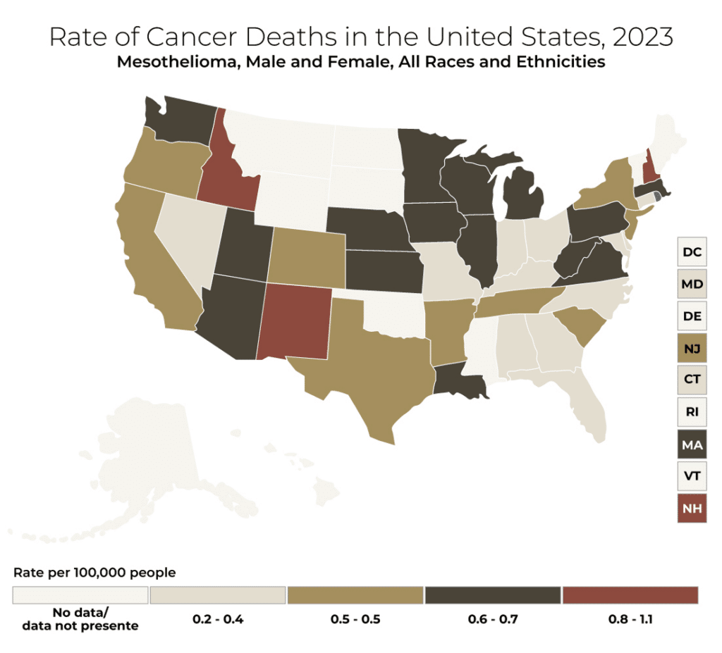 A map of the united states showing how long you have to file a mesothelioma claim