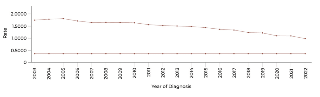 The rate of mesothelioma diagnosis from 2003-2022