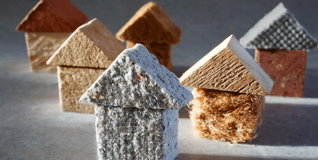 Miniature houses built out of common building materials