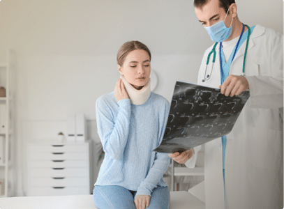 A woman in a neck brace reading xray results with her dr