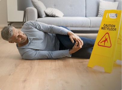 A man has fallen on the ground and is holding his knee in front of a caution wet floor sign