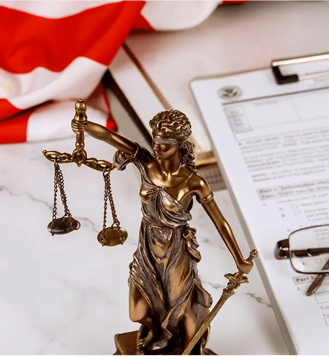 Close up of paperwork and the Lady Justice statue