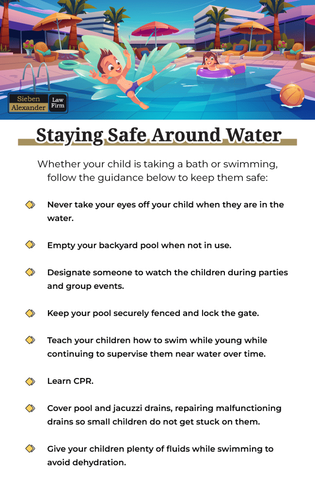 how to keep children safe around water including never taking you eyes off your child when they are in the water and to empty a pool when it is not in use