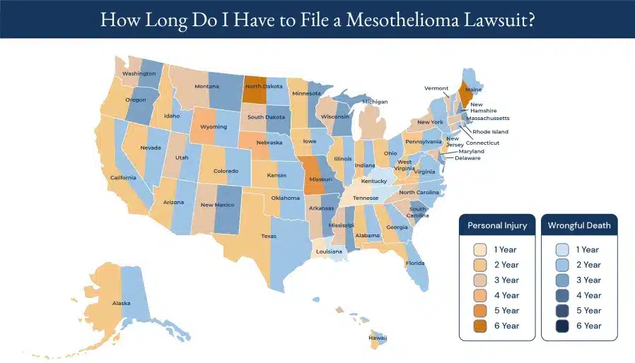 A map showing how long you have to file a mesothelioma claim in each state