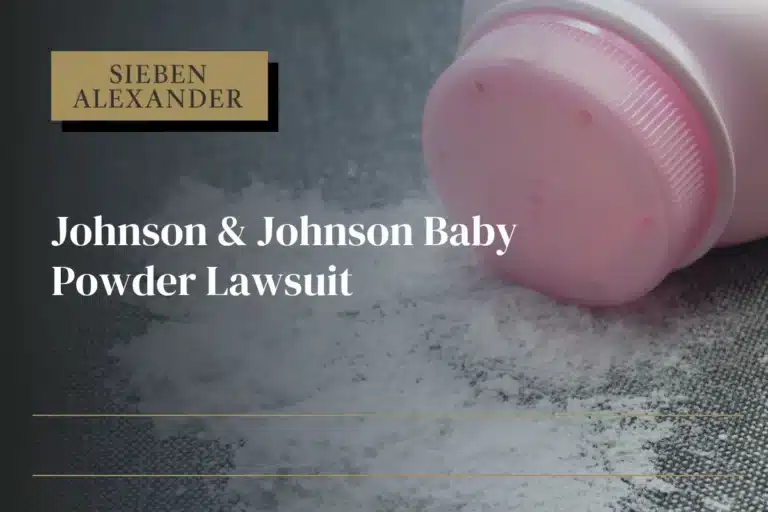 A J&J baby powder bottle on its side with its baby powder on the surface with the text "Johnson & Johnson Baby Powder Lawsuit"