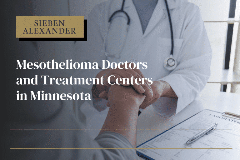 A doctor holding a patients hand with the text "Mesothelioma Doctors and Treatment Centers in Minnesota"