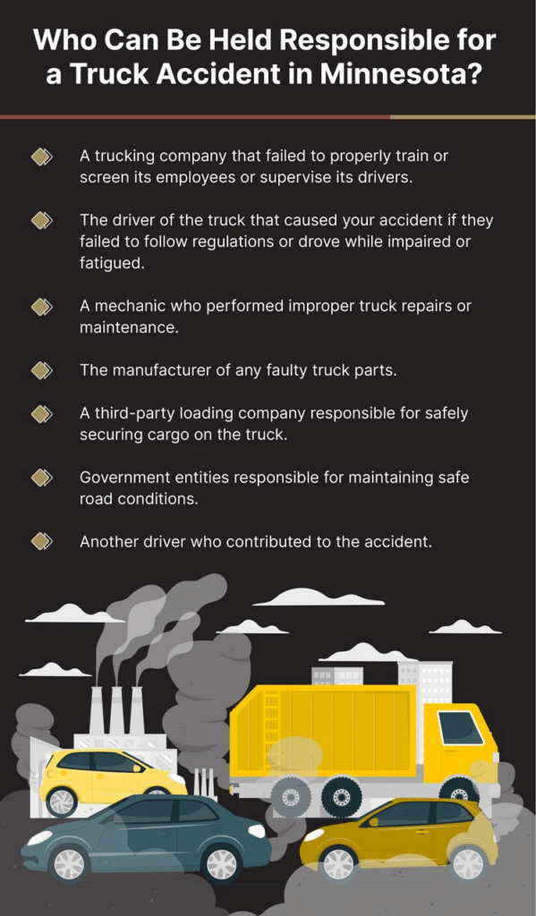 A list of who can be held responsible for a truck accident in Minnesota including a trucking company, mechanic, or manufacturer of a faulty truck part.