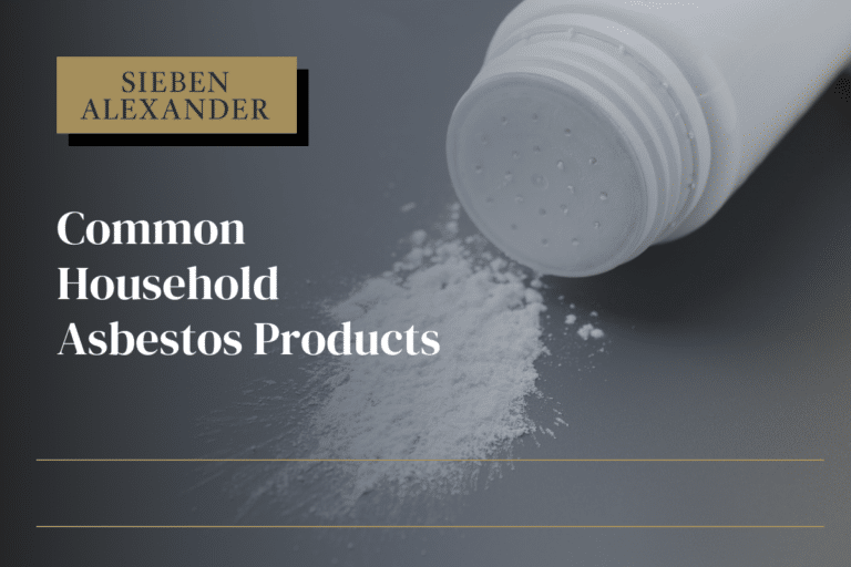 A talcum powder bottle on it's side with powder on the surface. The text "Common Household Asbestos Products" appears over the image