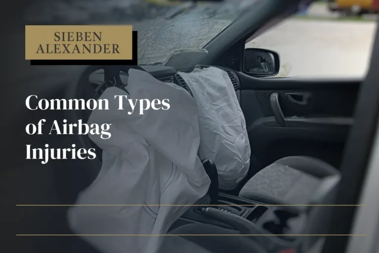Airbags exploded in an empty front seat with the text "Common types of airbag injuries"