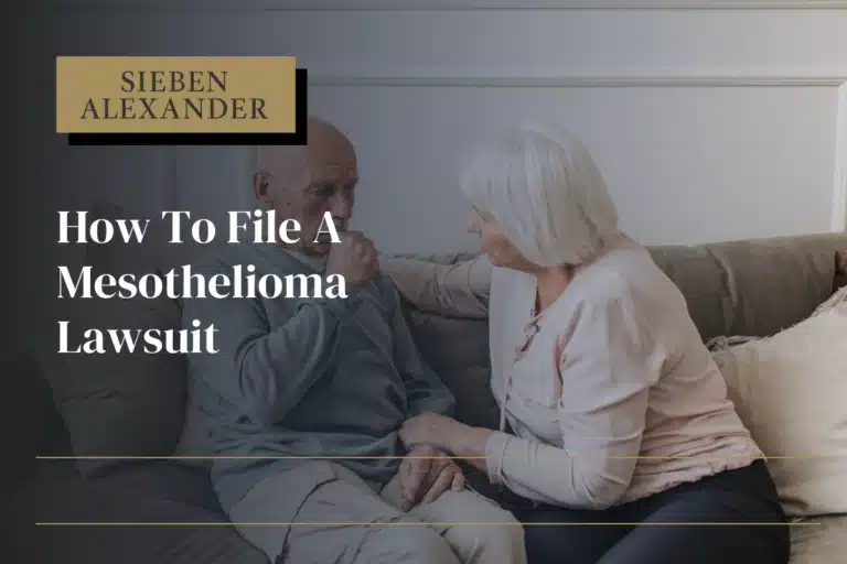 Two seniors sitting on a couch and a man is coughing with the text "How to file a mesothelioma lawsuit"
