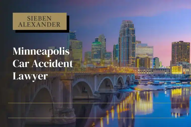 Minneapolis city view at sunset with the text "Minneapolis Car Accident Lawyer"