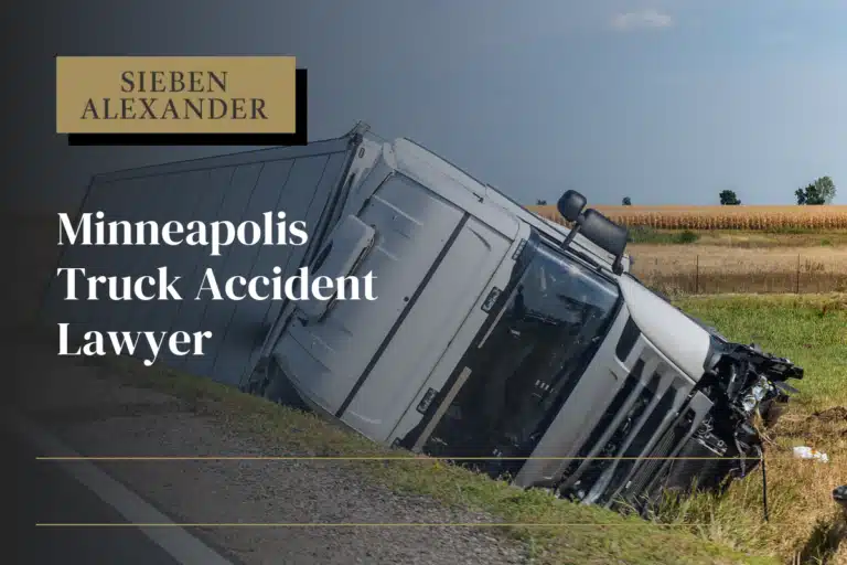 A semi truck on its side on the side of a road with the text "Minneapolis Truck Accident Lawyer"