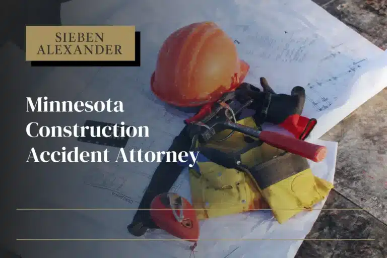 A hard hat and tools at a construction site with the text "Minnesota Construction Accident Attorney"