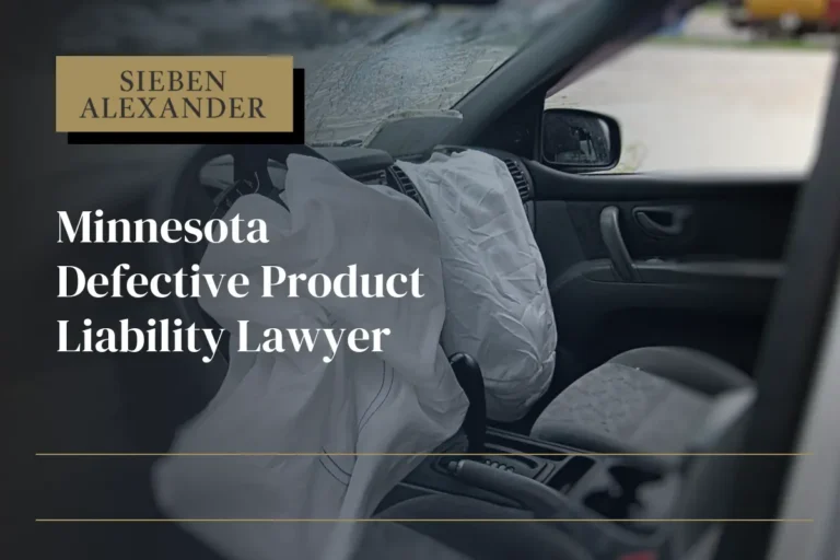 Two deployed airbags in the front seat of an empty car with the text "Minnesota Defective Product Liability Lawyer"