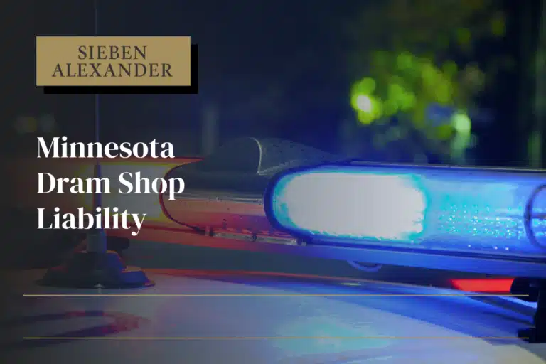Close up of a cop car lights at night with the text "Minnesota Dram Shop Liability"