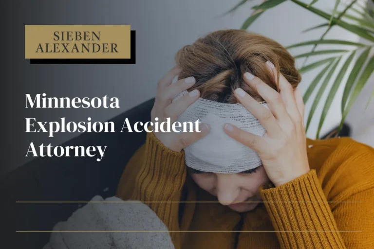 A woman holding her bandaged head with the text "Minnesota Explosion Accident Attorney"